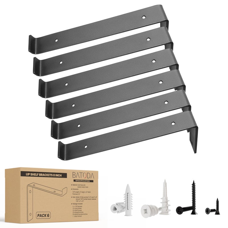 BATODA 8â€ Shelf Brackets with Lip (Match 7.25" Board) - 6 Pcs Z Shelf Bracket Black - Heavy Duty Hook Brackets for Shelves - Wall Mounted Support for DIY - Shelving Hardware Included (Pack 6) - Image 1